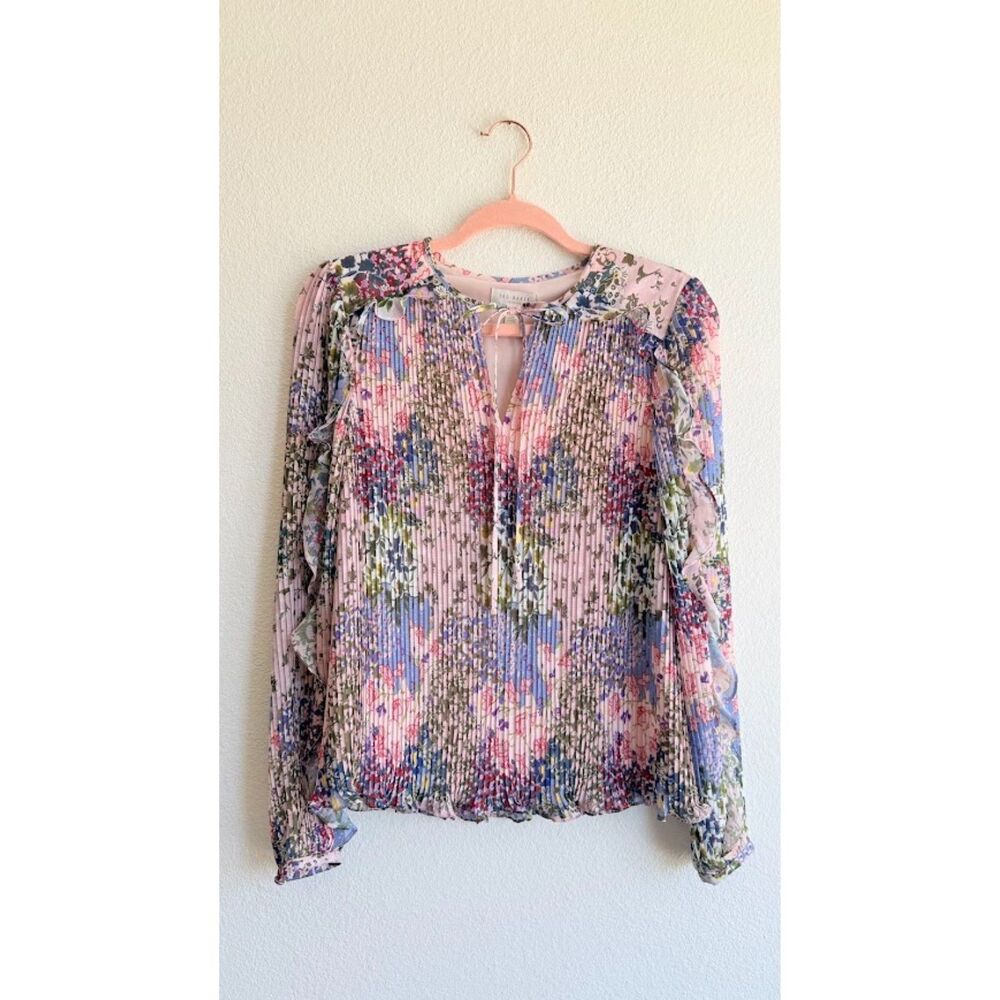 Ted Baker Kaylahn Ditsy Floral Print Plisse Ruffle Blouse in Pink size 0 XS NWT